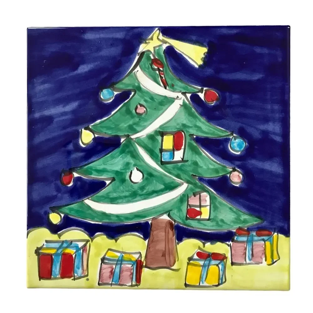 Italian Christmas Tree Trivet Ceramic Clay Hand Painted Vintage